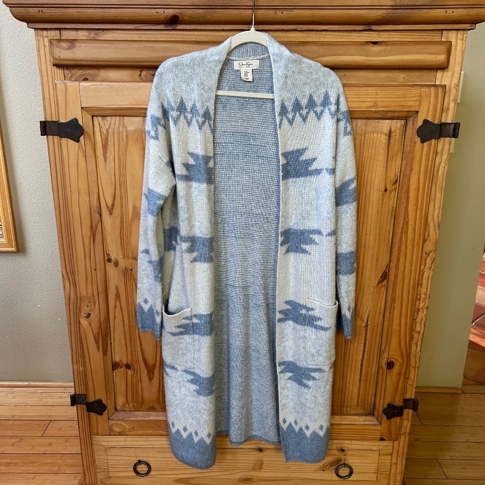Jessica Simpson Cardigan Long‎ Aztec Print Sweater Blue Pockets Women's Size XS